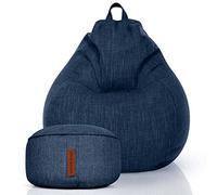 Green Bean© Set de 2 Pouf d'Intérieur XXL + Tabouret avec Remplissage de Perles EPS - Repose-Pieds Coussin de Pieds Sol Repos Siège Lounge Chair Chaise Fauteuil Relaxation Bean Bag Bleu Foncé Navy