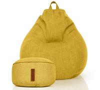 Green Bean© Set de 2: Pouf d'Intérieur XXL + Tabouret avec Remplissage de Perles EPS - Repose-Pieds Coussin de Pieds Sol Repos Siège Lounge Chair Chaise Fauteuil Relaxation Bean Bag Jaune