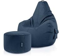 Green Bean© Set de 2: Pouf + Tabourets - remplis - Robustes lavables résistants à la saleté - Enfants & Adultes Bean Bag Coussin de Sol Lounge Chaise Fauteuil Relax Gamer Siège de Gaming - Bleu Foncé