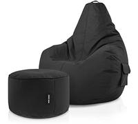 Green Bean© Set de 2: Pouf + Tabourets - remplis - Robustes lavables résistants à la saleté - Enfants & Adultes Bean Bag Coussin de Sol Lounge Chaise Fauteuil Relax Gamer Siège de Gaming - Noir