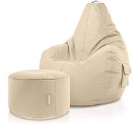 Green Bean© Set de 2: Pouf + Tabourets - remplis - Robustes lavables résistants à la saleté - Enfants & Adultes Bean Bag Coussin de Sol Lounge Chaise Fauteuil Relax Gamer Siège de Gaming - Beige