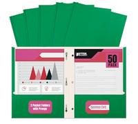 Green Paper 2 Pocket Folders with Prongs, 50 Pack, by Better Office Products, Matte Texture, Letter Size Paper Folders, 50 Pack, with 3 Metal Prong Fastener Clips, Green