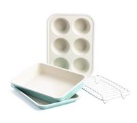 GreenLife Mini Set de Four 4 Pièces pour Grille-Pain Four en Céramique Antiadhésive, Moule à 6 Muffins,Moule à Gâteau Rectangulaire,Plaque de Four et Grille de Refroidissement,Sans PFAS,Four,Turquoise