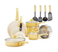 GreenLife Soft Grip Batterie de Cuisine avec Revêtement Antiadhésif Sain en Céramique Sans PFAS 16 Pièces, Avec des Poêles, Casseroles, Faits-touts, Marmites, Lave-vaisselle, Compatible au Four, Jaune