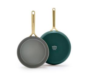Greenpan GP5 Lot de 2 poêles à frire de 24,1 cm et 27,9 cm en céramique anodisée dure antiadhésive sans PFAS, poignées à champagne, surface plane, induction, passe au lave-vaisselle et au four, vert
