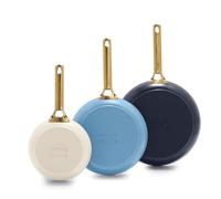 GreenPan Lot de 3 poêles à frire de 20,3 cm, 25,4 cm et 30,5 cm en céramique anodisée dure, antiadhésives, sans PFAS, poignée dorée, passe au lave-vaisselle, au four, mélange bleu et crème