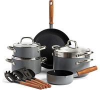 GreenPan Mayflower Pro Batterie de Cuisine 13 Pièces avec Revêtement Antiadhésif Céramique Sain, Inclu. Poêle, Casserole, Marmite, Manche en Bois Style Vintage, Sans PFAS, Induction, Gris Charbon