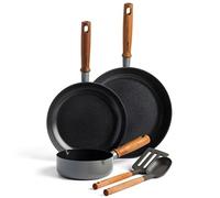 GreenPan Mayflower Pro Batterie de Cuisine 5 Pièces avec Revêtement Antiadhésif Céramique Sain, Inclu. Poêle, Casserole, Marmite, Manche en Bois Style Vintage, Sans PFAS, Induction, Gris Charbon