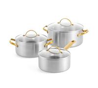 GreenPan Padova 6 pièces acier inoxydable-batterie de cuisine avec couvercles en verre, faitouts et casseroles, triple couche, compatible induction, poignée dorée en acier inoxydable
