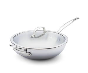 GreenPan Premier 5PLY Wok Inox 18/10 avec Couvercle Verre, 30 cm/4,74 L, Multicouche, Inox Poli, Compatible Induction, Lave-Vaisselle, Passe au Four 220 °C, Argent