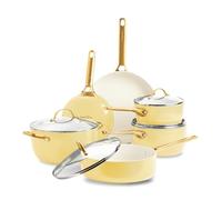 GreenPan Reserve Batterie de cuisine 10 pièces en céramique anodisée dure antiadhésive comprenant poêles à frire, sauteuse et casserole, poignée dorée, sans PFAS, induction, passe au four, jaune
