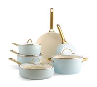 GreenPan Reserve Batterie de Cuisine Antiadhésive en Céramique Saine Anodisée Dure, 10 pièces, Avec Poêles à frire, Sauteuse et Marmite, Poignées dorées, Sans PFAS, Induction, Four, Bleu Clair