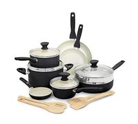 GreenPan Rio Batterie de Cuisine Antiadhésive en Céramique Saine de 16 Pièces, Comprend Poêles à Frire, Casseroles, Ustensiles, Sans PFAS, Poignée Rester Froid, Va au four jusqu'à 160°C, Noir & Crème