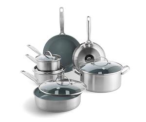 GreenPan Treviso Batterie de Cuisine en Acier Inoxydable avec Revêtement Antiadhésif en Céramique Sain, 10 pièces, Poêle à Frire, Casserole, Sans PFAS, Induction, Four, Lave-Vaisselle, Argent