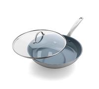 GreenPan Treviso Poêle à Frire en Acier Inoxydable avec Revêtement Antiadhésif en Céramique Sain avec Couvercle, 30cm, Sans PFAS, Induction, Four, Lave-Vaisselle, Argent