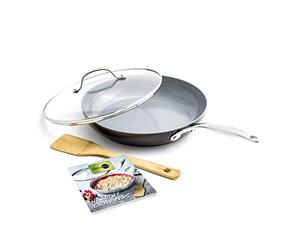 GreenPan Valencia Pro aluminium-poêle avec couvercle Ø28 cm - sans PFAS - induction - résiste au four jusqu’à 220 °C - compatible lave-vaisselle - poignées en acier inoxydable - gris