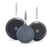 Greenpan Valencia Pro Lot de 3 poêles à frire antiadhésives en céramique anodisée dure compatible induction 20,3 cm, 24,1 cm et 27,9 cm, passe au lave-vaisselle, passe au four et au gril, gris