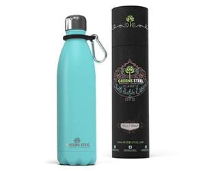Greens Steel Gourde Isotherme - 750 ml, Aqua Bleu I Acier Inoxydable I Bouteille Double Paroi Isolée Sous Vide I Mousqueton, Boîte Cadeau I Réutilisable et Étanche I Adultes et Enfants I Sans BPA