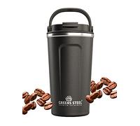 Greens Steel Mug Isotherme Café Réutilisable - 480ml, Noir I Tasse Thermos à Emporter Couvercle Poignée I Acier Inoxydable Boissons Chaudes Froides I Gobelet Étanche Thé Café Boisson Glacée