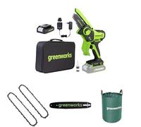 Greenworks 24V 10cm Mini Tronçonneuse Livré avec batterie 2ah et chargeur + Greenworks 10cm chaîne Pack de 2 chaînes + Greenworks 10cm Barre de chaîne + Sac à déchets de jardin Greenworks 120 L