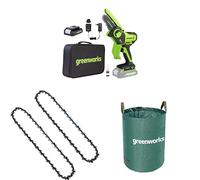 Greenworks 24V Mini Tronçonneuse 10cm avec Batterie 2ah, Chargeur, 2 Chaînes et Sac à Déchets de Jardin 120 L