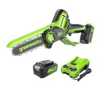 Greenworks 24V Mini Tronçonneuse 10cm Tronçonneuse à batterie sans fil alimentée par batterie de 4 Ah, vitesse de chaîne de 7,8 m/s, pour branches d'arbres, coupes de jardin, cour et usage domestique.