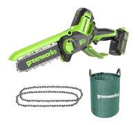 Greenworks 24V Mini Tronçonneuse 10cm Tronçonneuse à batterie sans fil alimentée par batterie et chargeur + Greenworks 10cm chaînes Pack de 2 chaînes + Sac à déchets de jardin Greenworks 120 L