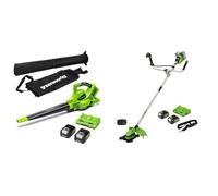 Greenworks 2x24V Aspirateur Souffleur sans Fil de Feuilles à Batterie Bandoulière & 2x24V Coupe-Bordure & Débroussailleuse avec 2 Batteries 4Ah et Chargeur, 38cm Fil 25cm Lame