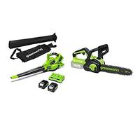 Greenworks 2x24V Blower Vacuum, Chainsaw with 2x4Ah Battery and Dual-Slot Charger