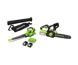 Greenworks 2x24V Blower Vacuum, Chainsaw with 2x4Ah Battery and Dual-Slot Charger