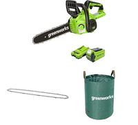 Greenworks 40V 30cm Tronçonneuse Avec Batterie 40V 2Ah et Chargeur-G40CS30IIK2 + Greenworks chaîne de 30 cm + Sac à déchets de jardin Greenworks 120 L