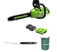 Greenworks 40V 35cm Tronçonneuse, 2 Batteries 24V 4Ah et Chargeur Double + Greenworks 35cm Chaîne + Greenworks 35cm Barre de chaîne + Sac à déchets de jardin Greenworks 120 L
