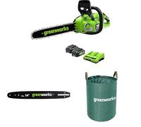 Greenworks 40V 35cm Tronçonneuse à Batterie Moteur Sans Balais, 2 Batteries 24V 4Ah et Chargeur Double + Greenworks 35cm Barre de chaîne + Sac à déchets de jardin Greenworks 120 L