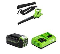 Greenworks 40V Aspirateur Souffleur sans Fil de Feuilles à Batterie avec Moteur sans Balais, 280 km/h, 9,63 m³/Min, Sac pour Mulching de 45L, Deux Batteries 4Ah et Chargeur, Garantie 3 Ans GD40BVK2X