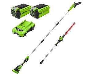 Greenworks 40V Scie à perche et taille-haie sans fil 2-en-1, moteur sans balais de 30 cm, lame à double action de 51 cm, batterie * 2 et chargeur GD40PSHK2x