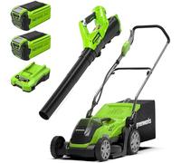 Greenworks 40V Tondeuse à Gazon Sans Fil , Largeur de Coupe de 35 cm, INCLUS 2 Batteries 40V 2Ah et Un Chargeur-G40LM35K2X + Greenworks 40V Souffleur à Batterie Axial de Feuilles Sans Fil G40AB