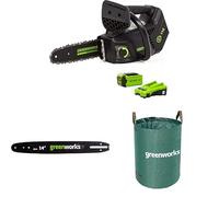 Greenworks 40V Tronçonneuse Top Poignée Moteur Sans Balais, Longueur Guide-Chaîne 25 cm Avec Batterie 40V 2Ah, Chargeur + Greenworks 25cm Barre de chaîne + Sac à déchets de jardin Greenworks 120 L