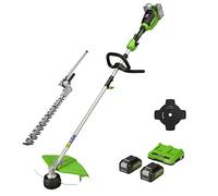 Greenworks 48V (2x24V) Coupe-bordures à Batterie 40cm avec 2 Batteries 4Ah et Chargeur Double, Fil en Nylon 2 mm ou Lame 25 cm + Embout avec Taille-haie, Accessoire Taille-haie