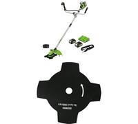 Greenworks 48V (2x24V) débroussailleuse sans fil avec coupe-bordures sans balais, largeur de coupe 38cm, lame de 25cm, deux batteries 24V 4Ah et chargeur GD24X2BCB + lame de débroussailleuse supplémen