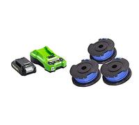 Greenworks Batterie G24B2 et Chargeur G24UC (2Ah 60W puissance 60 minutes de temps de charge à 2Ah) & Bobine à fil unique pour les tondeuses à gazon (fil de 1,65 mm de diamètre, 4,8 m de cordon)