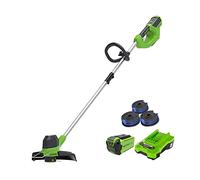 Greenworks Coupe-bordures G40LT avec 3 bobines double fil (Li-Ion 40 V 30cm largeur de coupe 7000 tr/min tête de coupe rotative et inclinable manche aluminium avec batterie 2Ah et chargeur)