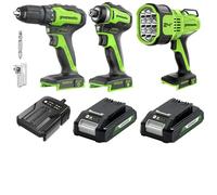 Greenworks Kit de 3 outils sans fil 24 V, composé d'une visseuse sans fil (35 Nm), d'une visseuse à percussion sans fil (220 Nm), d'un projecteur de recherche de 3000 lumens, de 2 batteries et d'un