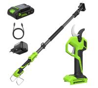 Greenworks Sécateur Électrique 24V avec Perche Télescopique 1,29-2,00 m, Moteur Brushless, Lames Acier, Ouverture 22/32 mm, Écran LED, avec Batterie 2,0Ah & Chargeur USB-C 30W LP24BLA1