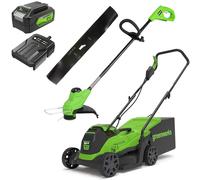 Greenworks Tondeuse à Gazon électrique 24V 33cm 30L Bac, Coupe-Bordures 25cm tête d'alimentation Automatique avec 1 Batterie 4Ah et Chargeur GD24LM33LT25K4 + Greenworks Tools Lame de Rechange 33cm