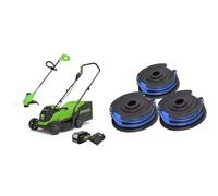 Greenworks Tondeuse à Gazon électrique 24V 33cm 30L Bac, Coupe-Bordures 25cm tête d'alimentation Automatique avec 1 Batterie 4Ah et Chargeur & Bobine Double Fil 29187 pour Coupe-Herbe Greenworks 40 V