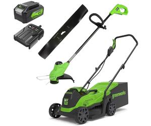 Greenworks Tondeuse à Gazon électrique 24V 33cm 30L Bac, Coupe-Bordures 25cm tête d'alimentation Automatique avec 1 Batterie 4Ah et Chargeur GD24LM33LT25K4 + Greenworks Tools Lame de Rechange 33cm