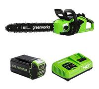 Greenworks Tronçonneuse à Batterie avec Moteur Sans Balais, Longueur Guide-Chaîne 16 Pouces (40cm), Vitesse de Chaîne 20 m/s, 3,81 kg, Anti-Rebond, 2 Batteries 40V 4Ah, Chargeur-GD40CS18K2X