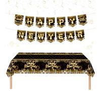 GreenYeah Nappe de Nouvel An, Nouvel An 2026, bannière Happy New Year, Nouvel An 2025, nappe de fête noire et dorée pour table rectangulaire, 137 x 274 cm (B)
