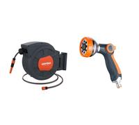 GRIFEMA G301-35, Enrouleur Tuyau Arrosage Mural 35m+2m, Rotation à 180 °, Complet avec Pistolet & GE1303 Pistolet arrosage du jardin 8 modèles réglables, pulvérisateur multifonctionnel