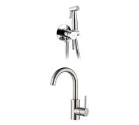 GRIFEMA Set : Mitigeur Lavabo Gris 360° + Douchette Bidet avec Support, Flexible et Mitigeur - Eau Chaude et Froide, Design Moderne pour Salle de Bain et WC